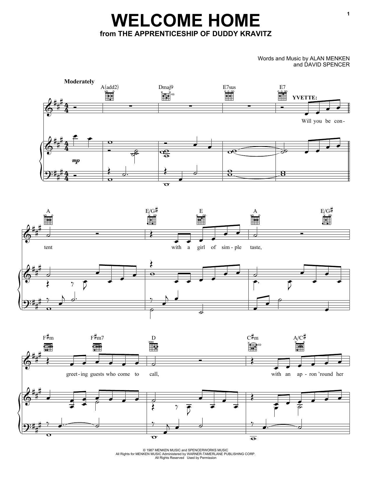 Learn to play Alan Menken & David Spencer Welcome Home (from The Apprenticeship of Duddy Kravitz) sheet music for Piano, Vocal & Guitar Chords (Right-Hand Melody) in minutes. Price: 7.8900$ Alan Menken & David Spencer Welcome Home (from The Apprenticeship of Duddy Kravitz) sheet music notes and chords arranged for Piano, Vocal & Guitar Chords (Right-Hand Melody)