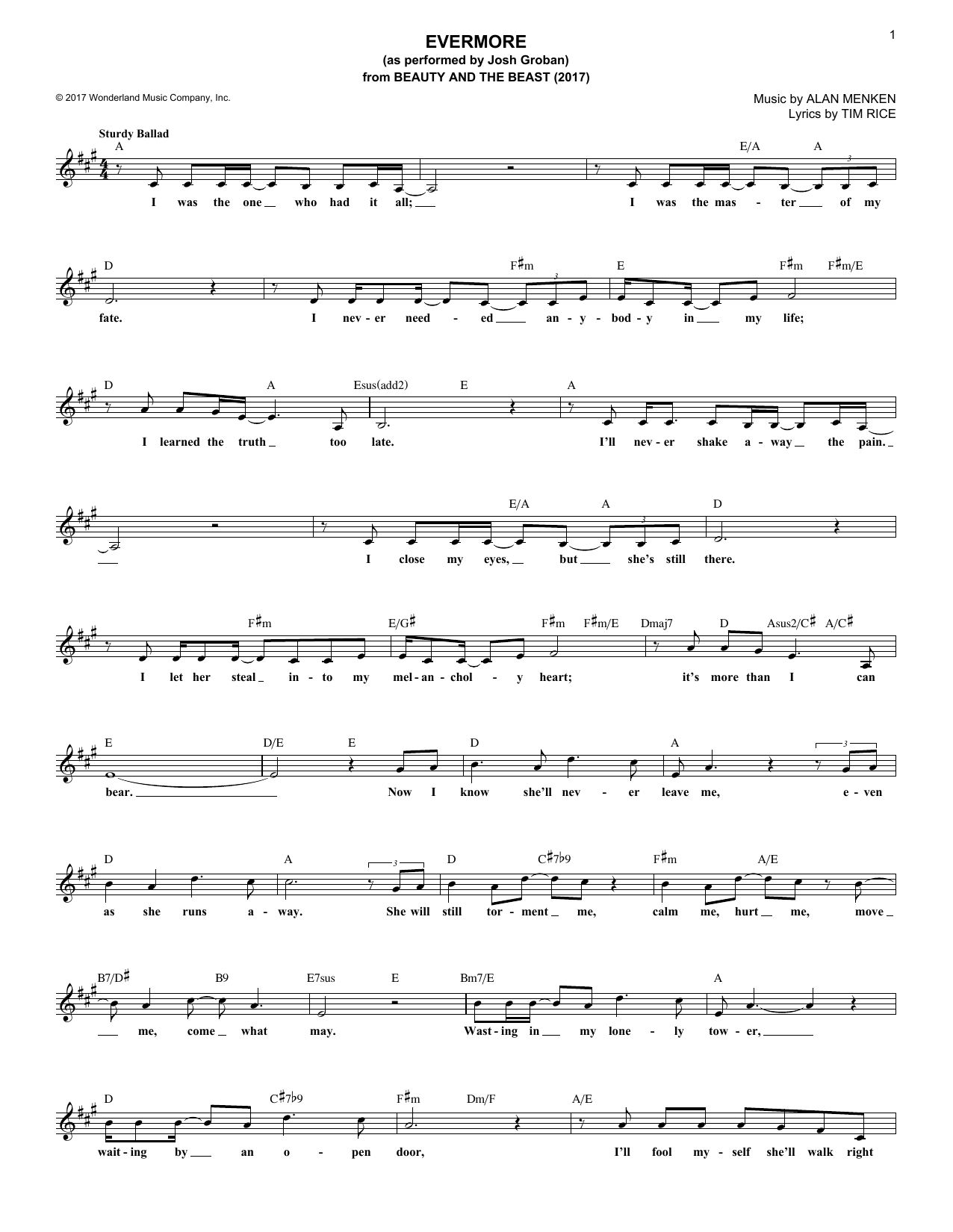 Alan Menken Evermore (from Beauty And The Beast) (2017) sheet music notes and chords. Download Printable PDF.