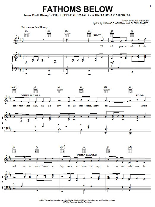Learn to play Alan Menken Fathoms Below (Stage Show) sheet music for Piano, Vocal & Guitar Chords (Right-Hand Melody) in minutes. Price: 7.8900$ Alan Menken Fathoms Below (Stage Show) sheet music notes and chords arranged for Piano, Vocal & Guitar Chords (Right-Hand Melody)
