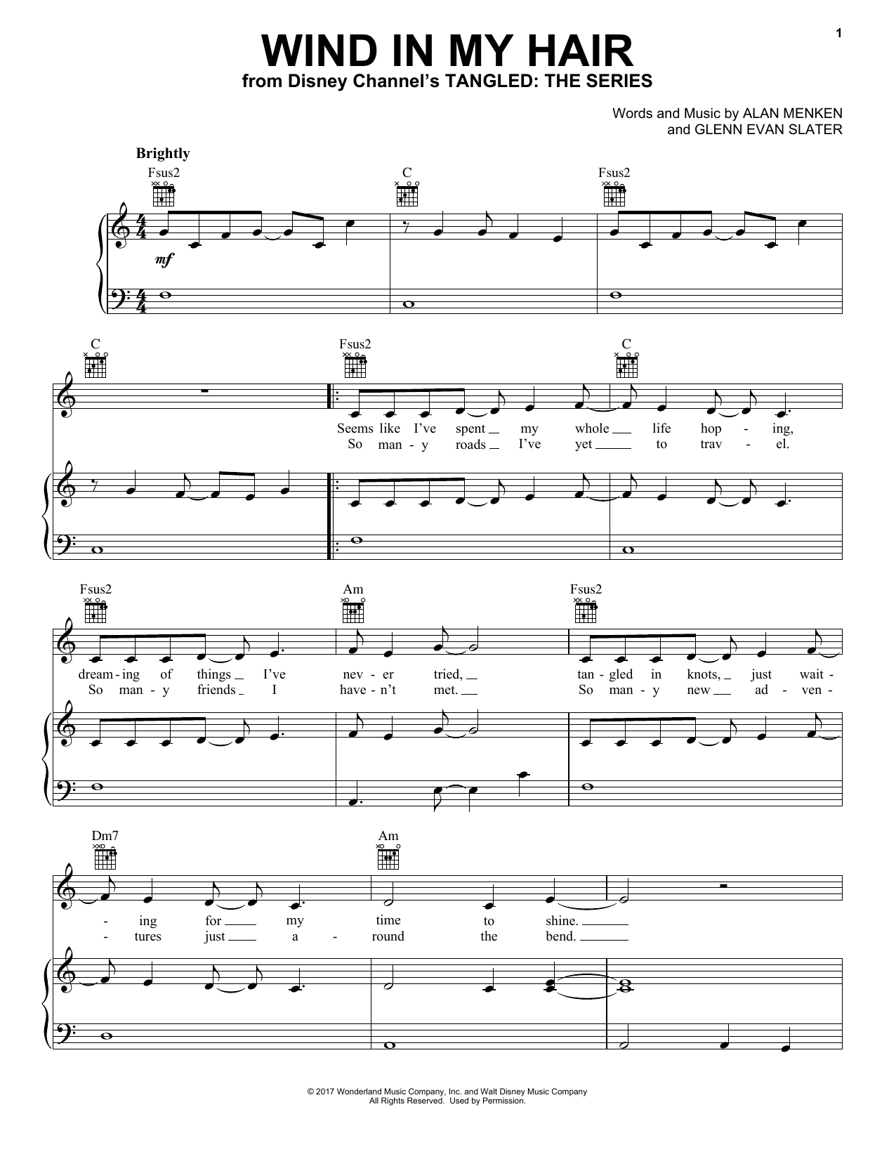 Alan Menken Wind In My Hair (from Tangled: The Series) sheet music notes and chords. Download Printable PDF.