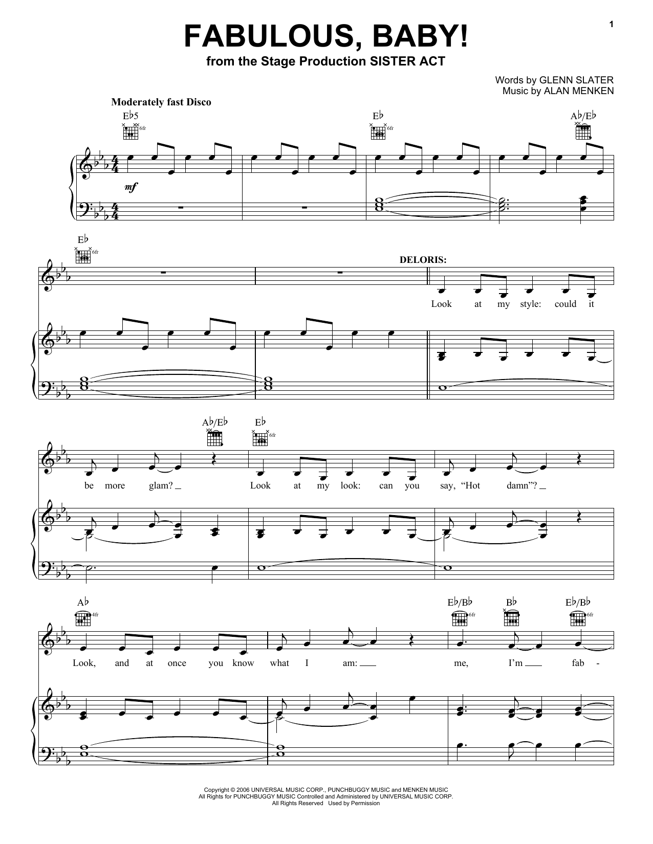 Alan Menken & Glenn Slater Fabulous, Baby! (from the musical Sister Act) sheet music notes and chords. Download Printable PDF.