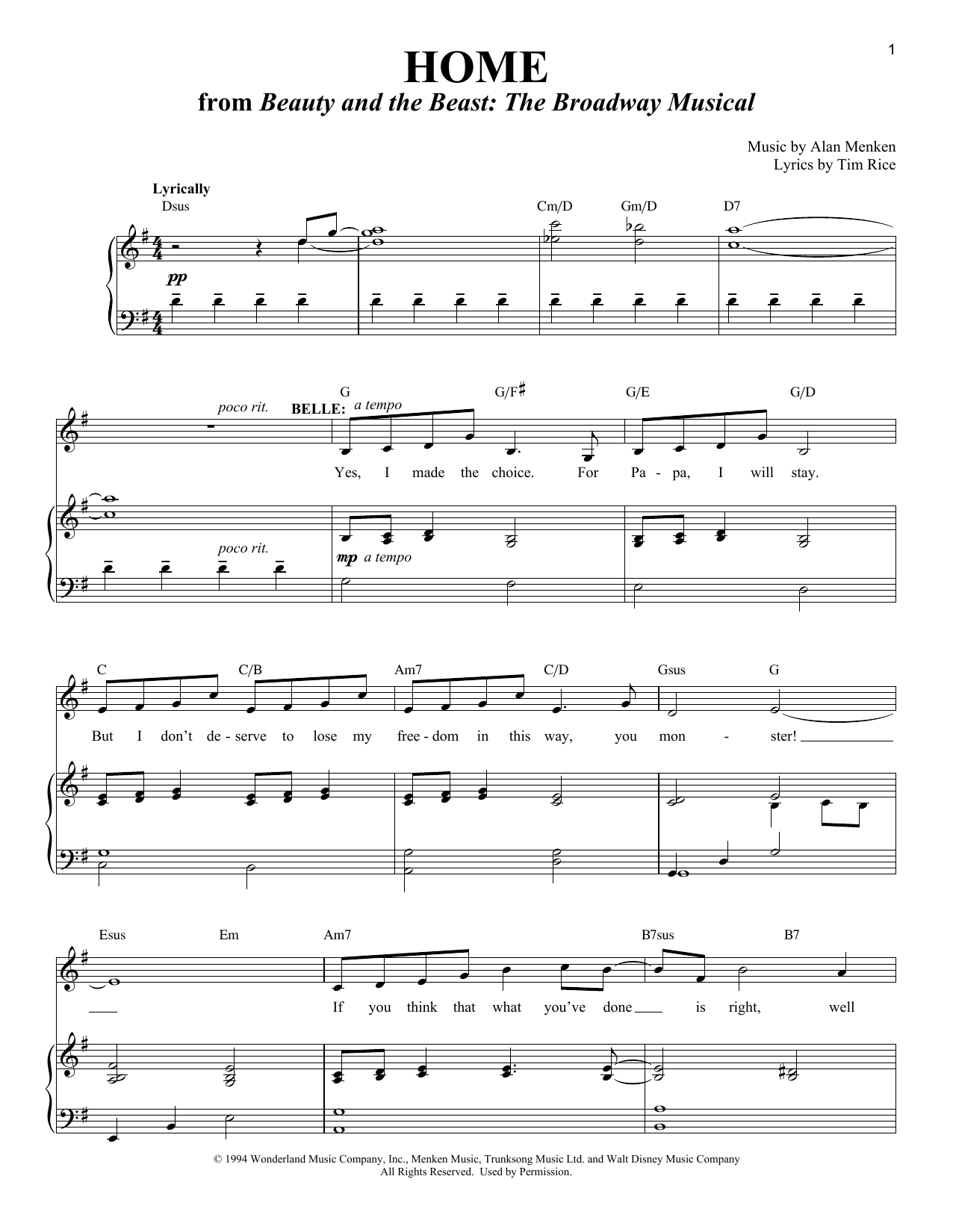 Alan Menken Home (from Beauty and the Beast: The Broadway Musical) sheet music notes and chords arranged for Clarinet Solo