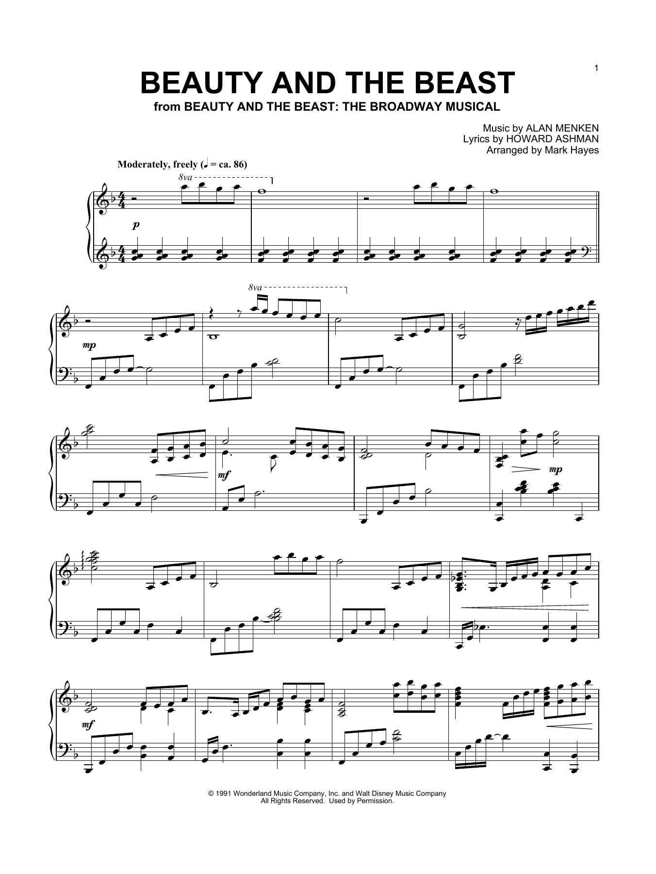 Alan Menken Beauty And The Beast (arr. Mark Hayes) sheet music notes and chords arranged for Piano Solo