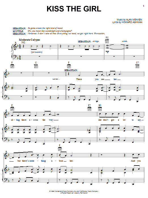 Learn to play Alan Menken Kiss The Girl (from The Little Mermaid) sheet music for Piano, Vocal & Guitar Chords (Right-Hand Melody) in minutes. Price: 7.8900$ Alan Menken Kiss The Girl (from The Little Mermaid) sheet music notes and chords arranged for Piano, Vocal & Guitar Chords (Right-Hand Melody)