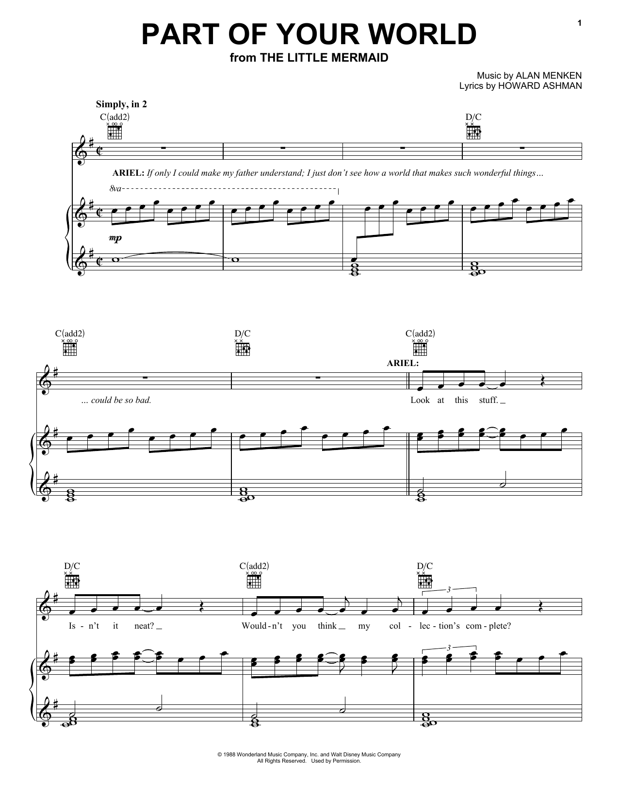 Alan Menken Part Of Your World (from The Little Mermaid) sheet music notes and chords arranged for Piano & Vocal