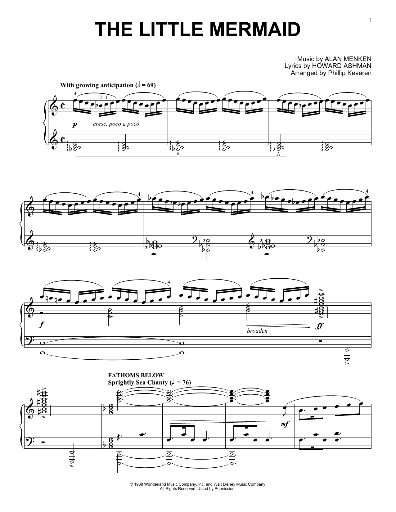 Phillip Keveren The Little Mermaid Medley sheet music notes and chords arranged for Piano Solo