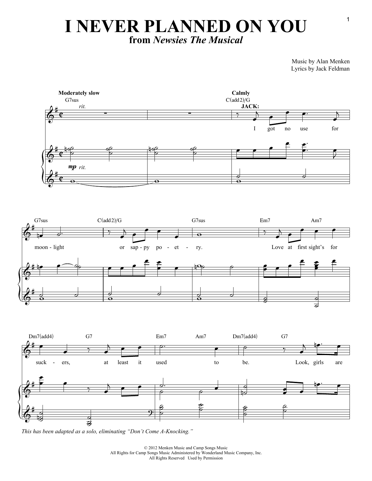 Alan Menken I Never Planned On You/Don't Come A-Knocking sheet music notes and chords arranged for Piano & Vocal