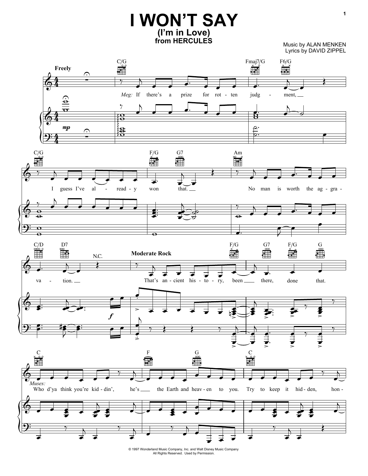 Alan Menken I Won't Say (I'm In Love) (from Disney's Hercules) sheet music notes and chords. Download Printable PDF.