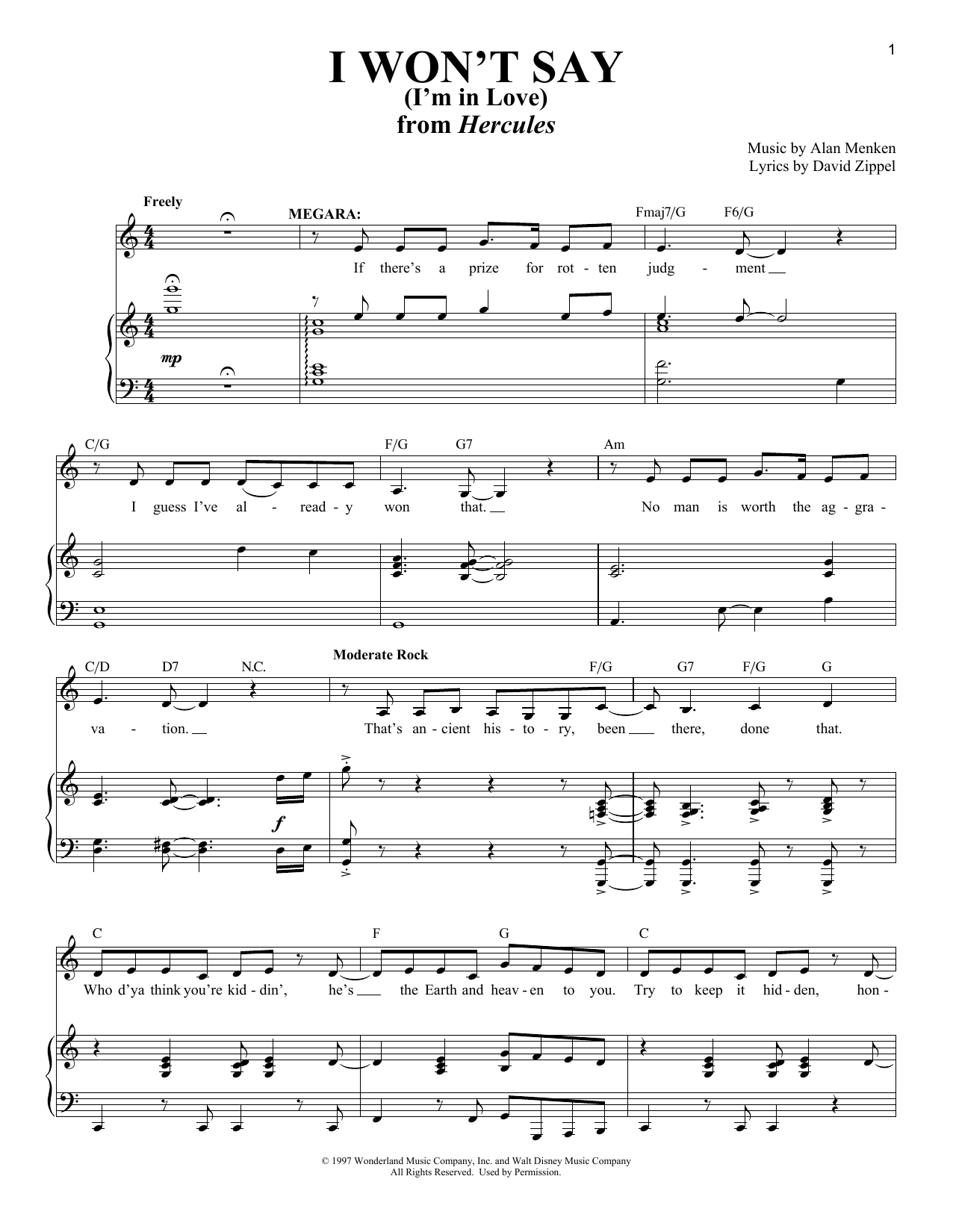 Alan Menken I Won't Say (I'm In Love) (from Hercules) sheet music notes and chords. Download Printable PDF.