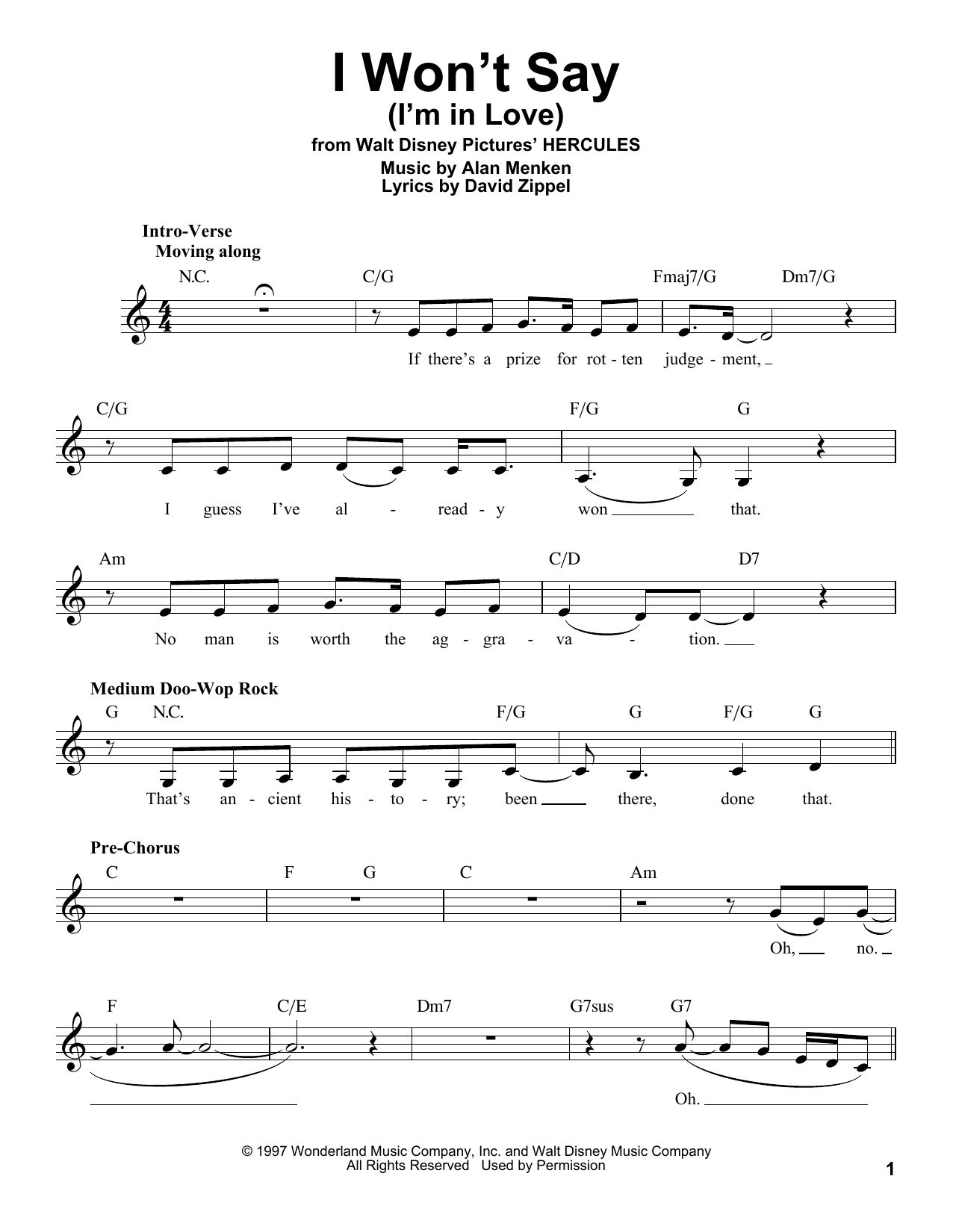 Alan Menken I Won't Say (I'm In Love) sheet music notes and chords arranged for Beginning Piano Solo