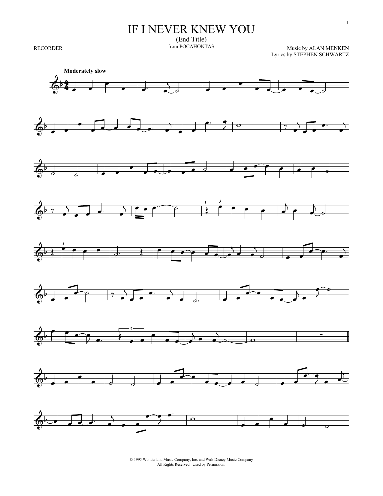 Learn to play Alan Menken If I Never Knew You (End Title) (from Pocahontas) sheet music for Recorder Solo in minutes. Price: 6.9900$ Alan Menken If I Never Knew You (End Title) (from Pocahontas) sheet music notes and chords arranged for Recorder Solo