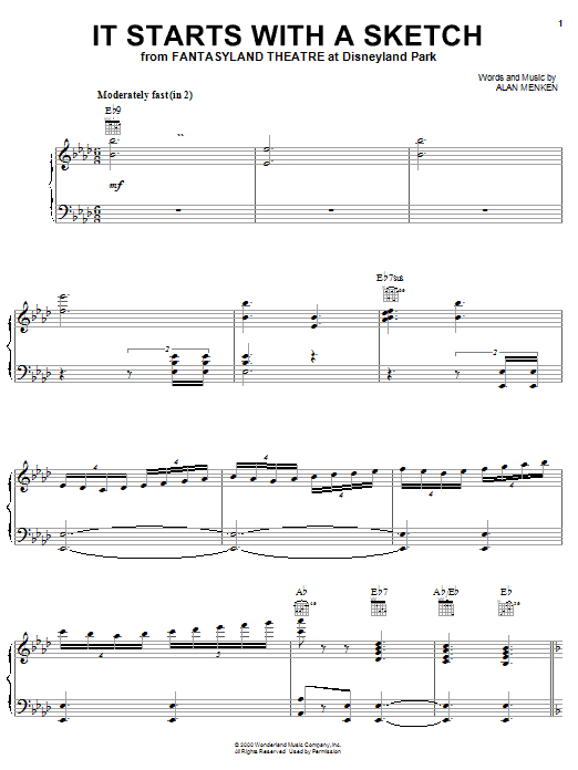 Alan Menken It Starts With A Sketch (from Fantasyland Theatre at Disneyland Park) sheet music notes and chords arranged for Piano, Vocal & Guitar Chords (Right-Hand Melody)