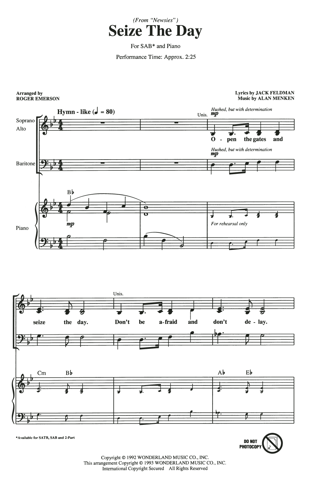 Alan Menken Seize The Day (from Newsies) (arr. Roger Emerson) sheet music notes and chords arranged for SATB Choir