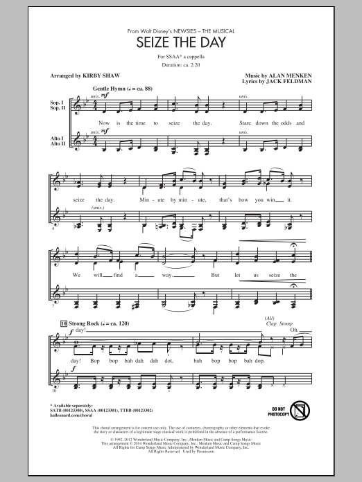 Alan Menken Seize The Day (from Newsies The Musical) (arr. Kirby Shaw) sheet music notes and chords arranged for SSA Choir