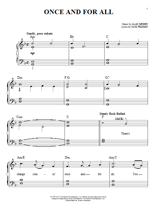 Learn to play Alan Menken Once And For All sheet music for Easy Piano in minutes. Price: 6.9900$ Alan Menken Once And For All sheet music notes and chords arranged for Easy Piano