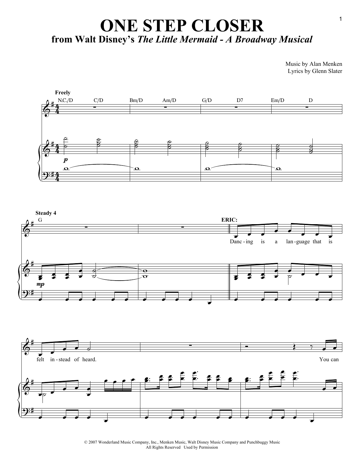 Glenn Slater One Step Closer sheet music notes and chords arranged for Piano & Vocal