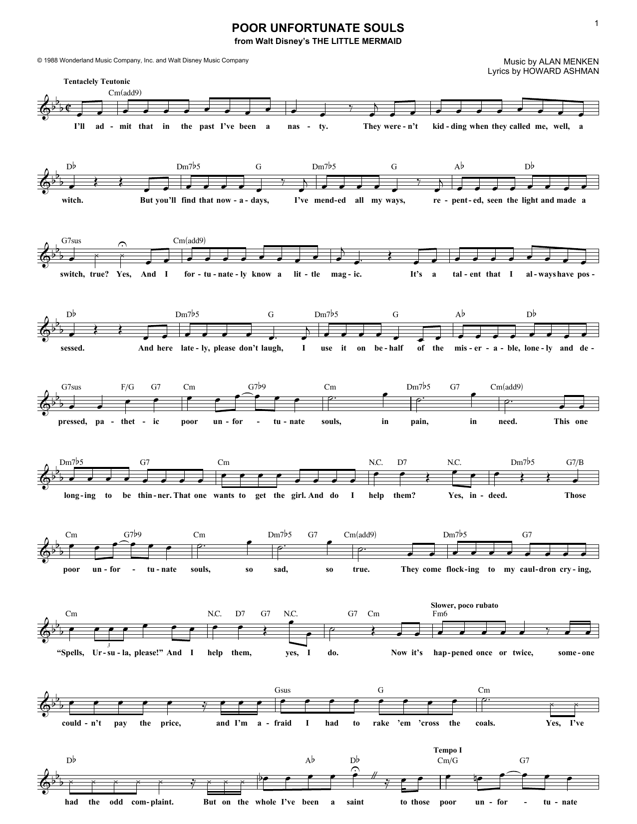 Alan Menken Poor Unfortunate Souls (from The Little Mermaid) sheet music notes and chords. Download Printable PDF.