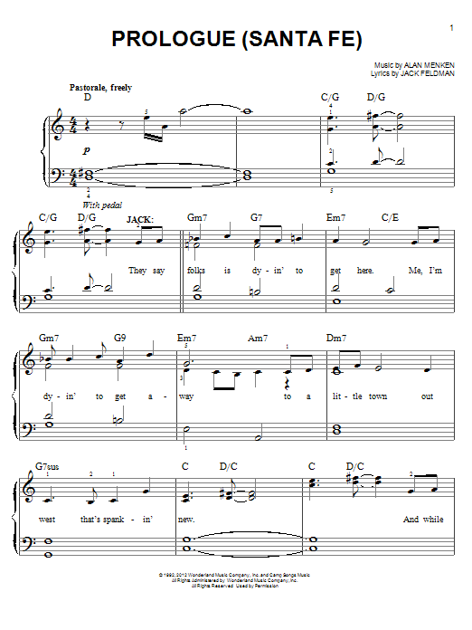 Learn to play Alan Menken Prologue (Santa Fe) sheet music for Easy Piano in minutes. Price: 6.9900$ Alan Menken Prologue (Santa Fe) sheet music notes and chords arranged for Easy Piano