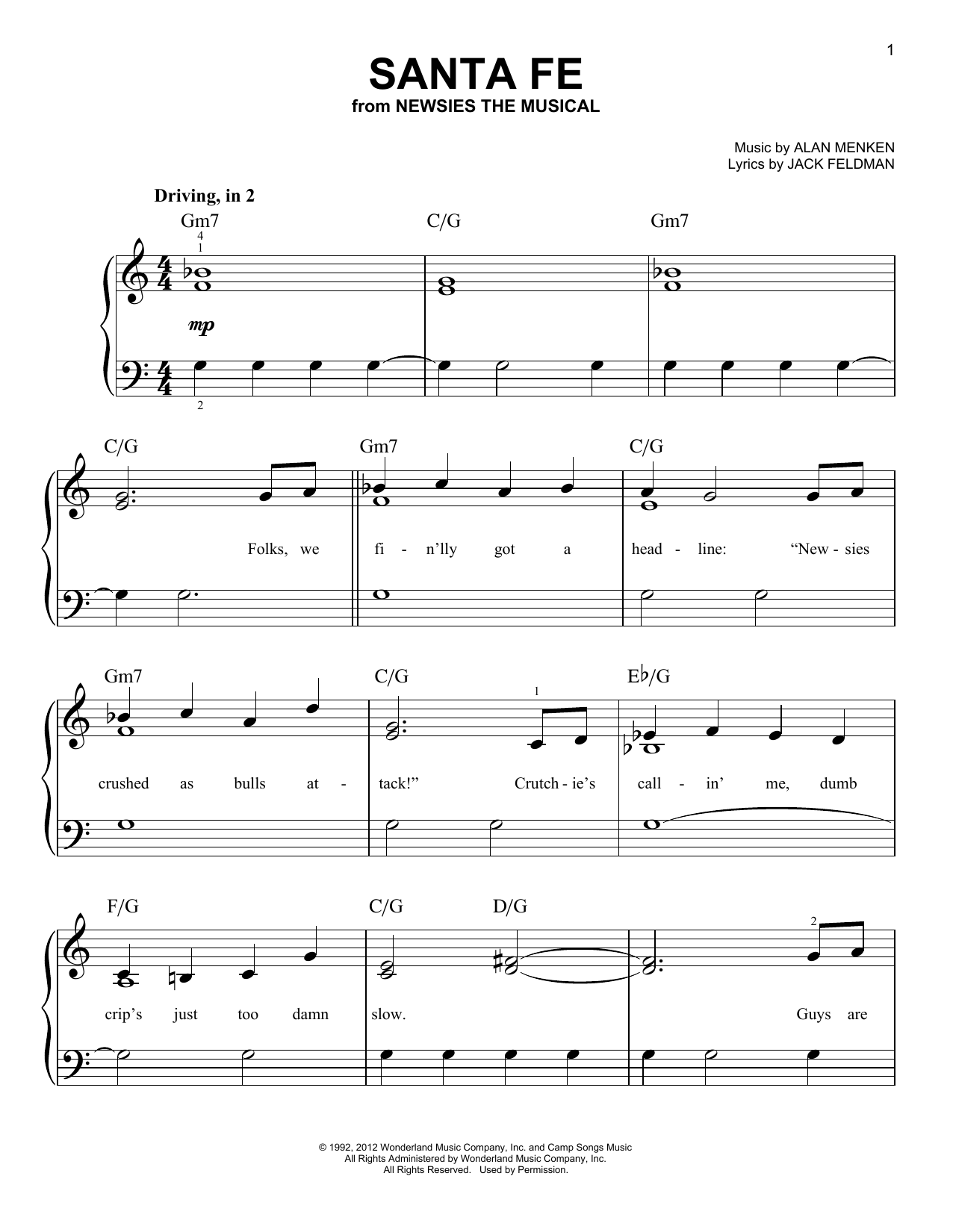 Alan Menken Santa Fe (from Newsies) sheet music notes and chords. Download Printable PDF.