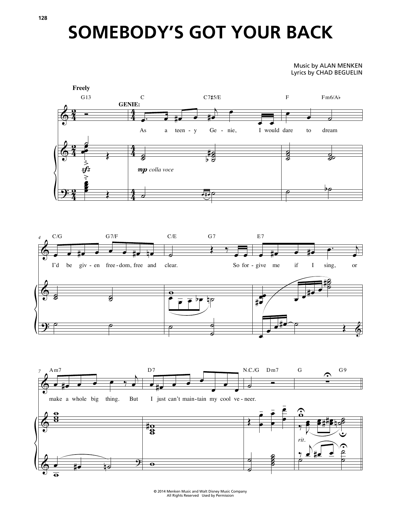 Alan Menken Somebody's Got Your Back (from Aladdin: The Broadway Musical) sheet music notes and chords arranged for Piano & Vocal