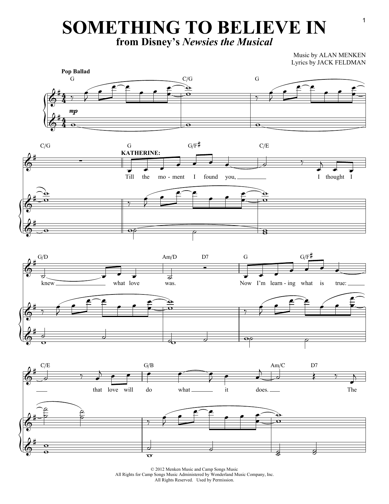 Alan Menken Something To Believe In sheet music notes and chords. Download Printable PDF.