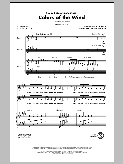 Learn to play Alan Menken Colors Of The Wind (arr. Audrey Snyder) sheet music for 2-Part Choir in minutes. Price: 3.9900$ Alan Menken Colors Of The Wind (arr. Audrey Snyder) sheet music notes and chords arranged for 2-Part Choir