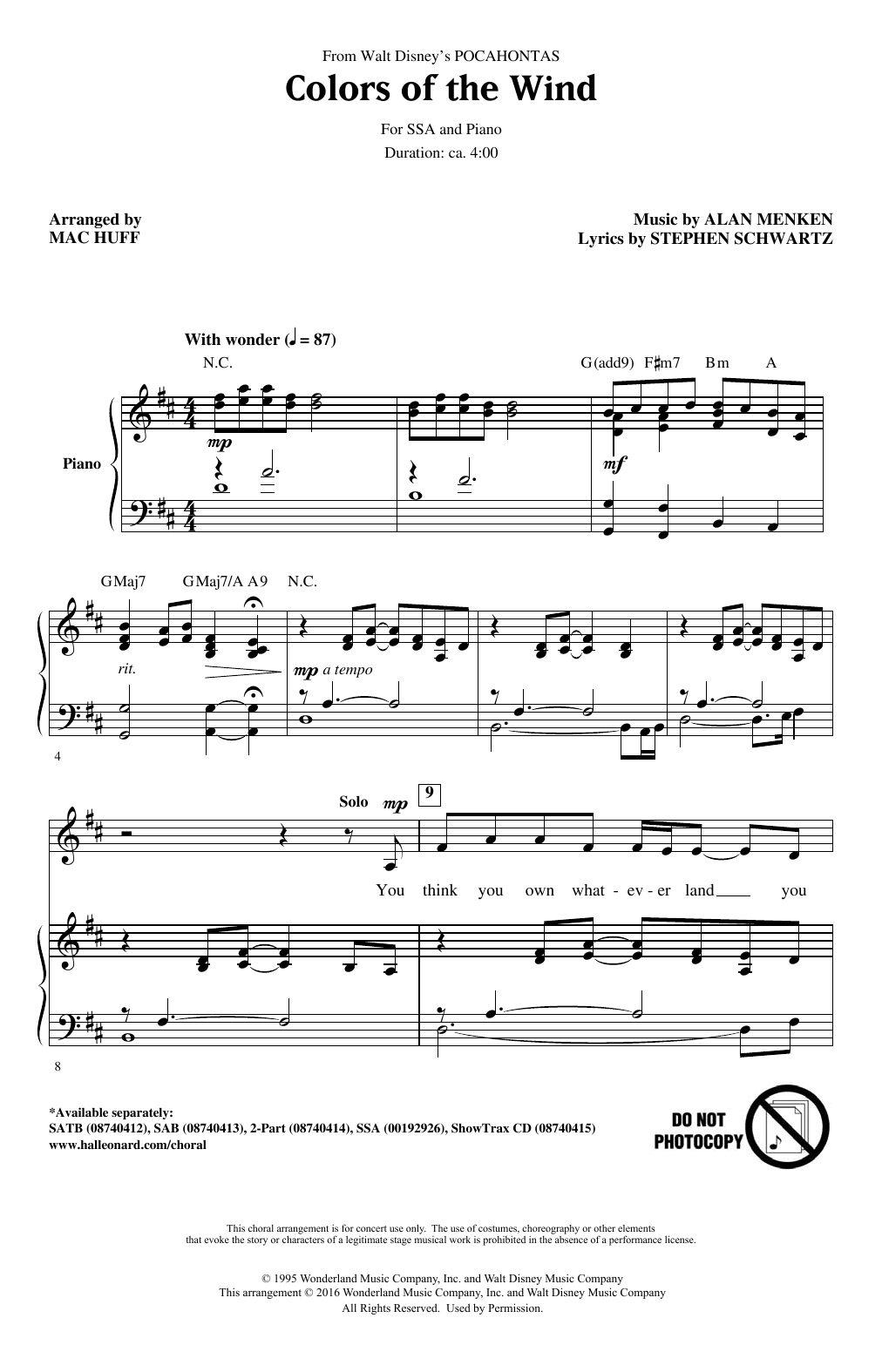 Learn to play Alan Menken Colors Of The Wind (arr. Mac Huff) sheet music for SSA Choir in minutes. Price: 3.9900$ Alan Menken Colors Of The Wind (arr. Mac Huff) sheet music notes and chords arranged for SSA Choir