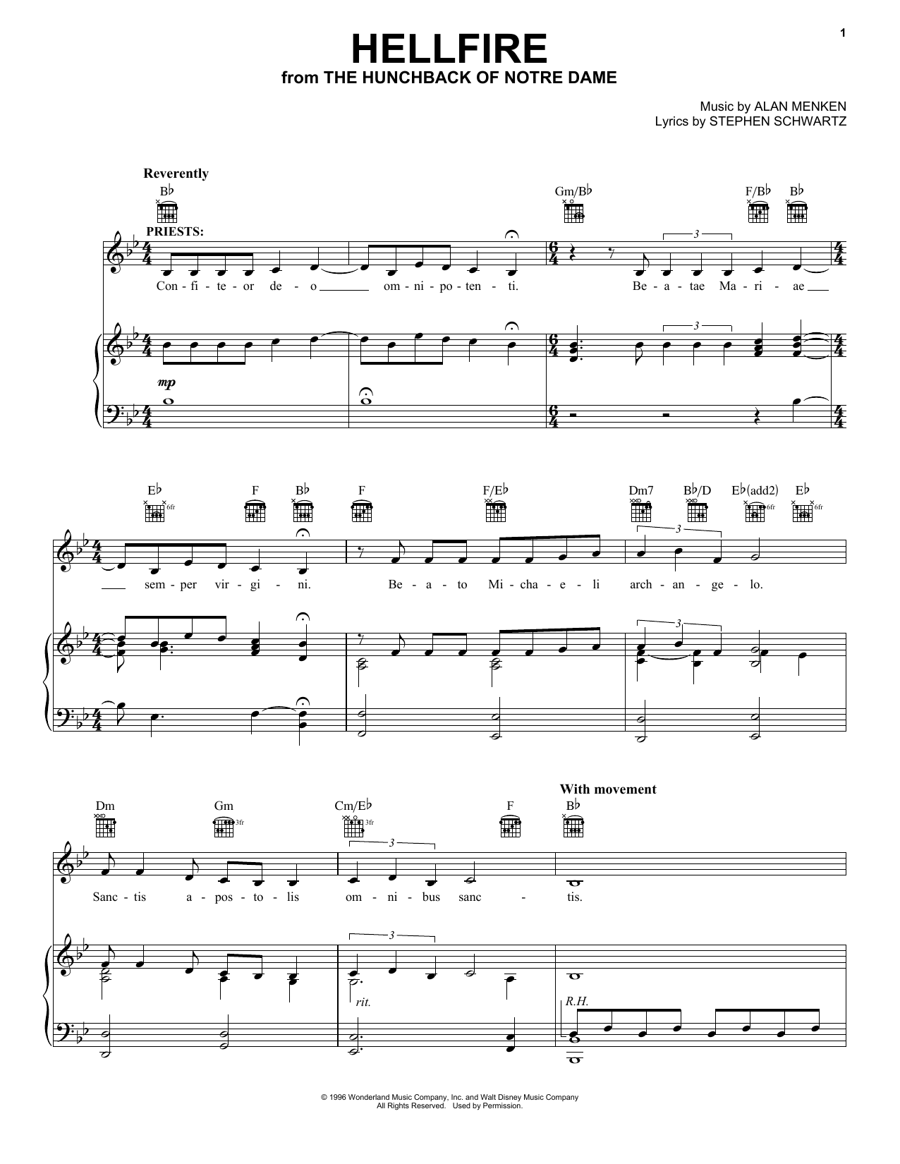 Alan Menken Hellfire sheet music notes and chords arranged for Piano, Vocal & Guitar Chords (Right-Hand Melody)