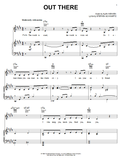 Alan Menken Out There sheet music notes and chords arranged for Piano, Vocal & Guitar Chords (Right-Hand Melody)