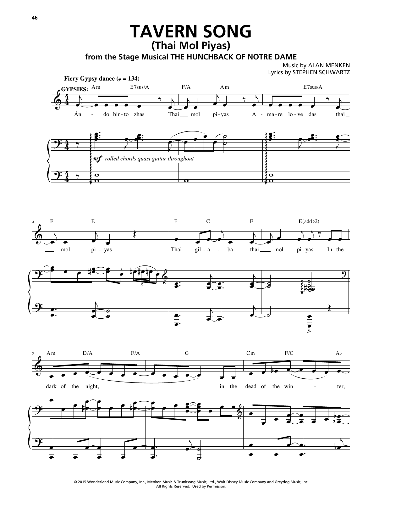 Alan Menken Tavern Song (Thai Mol Piyas) sheet music notes and chords arranged for Piano & Vocal