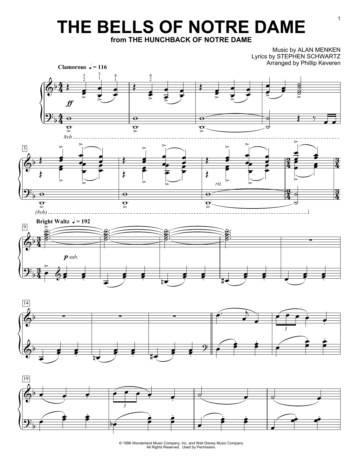 Alan Menken The Bells Of Notre Dame [Classical version] (arr. Phillip Keveren) sheet music notes and chords. Download Printable PDF.