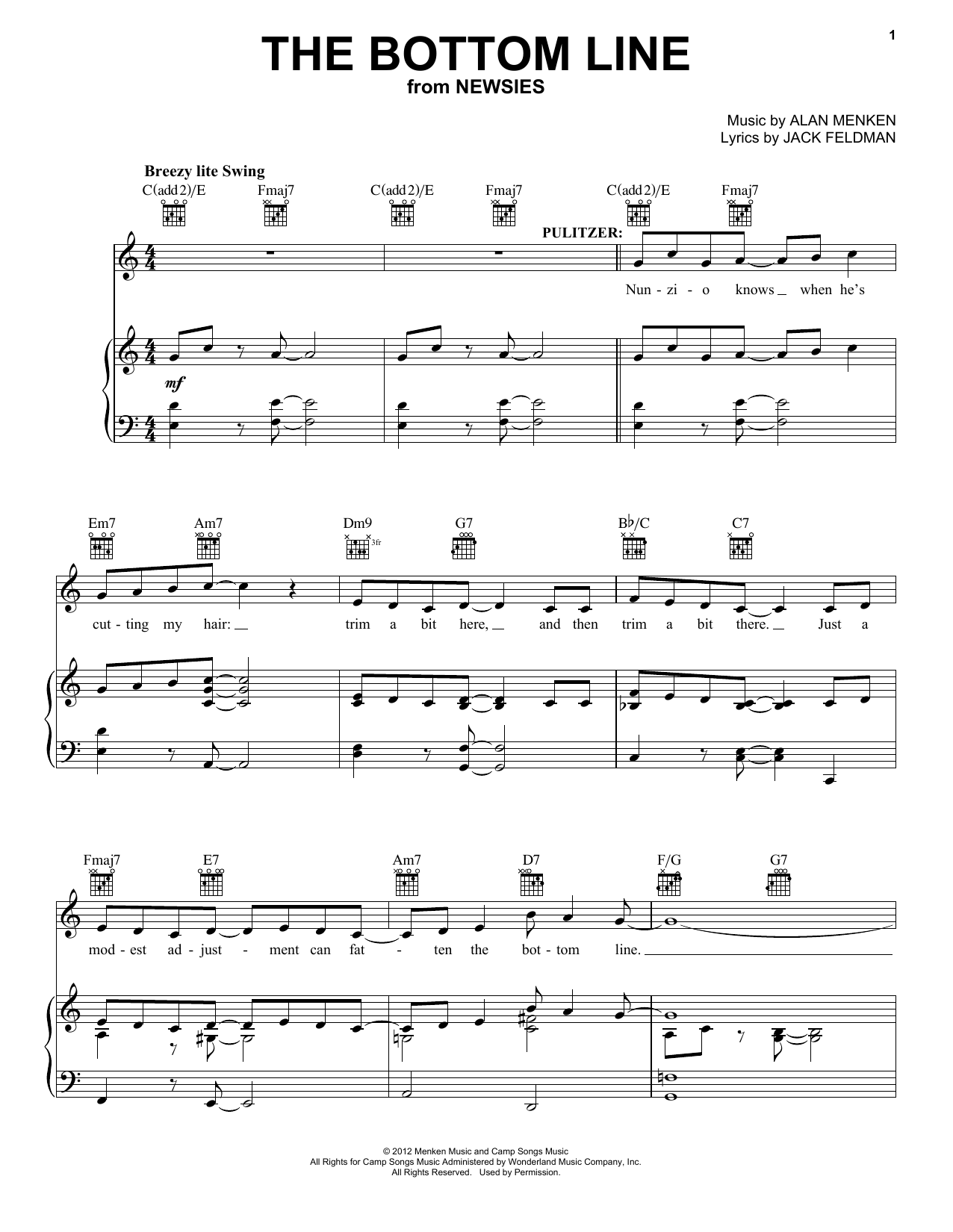 Alan Menken The Bottom Line sheet music notes and chords arranged for Piano, Vocal & Guitar Chords (Right-Hand Melody)