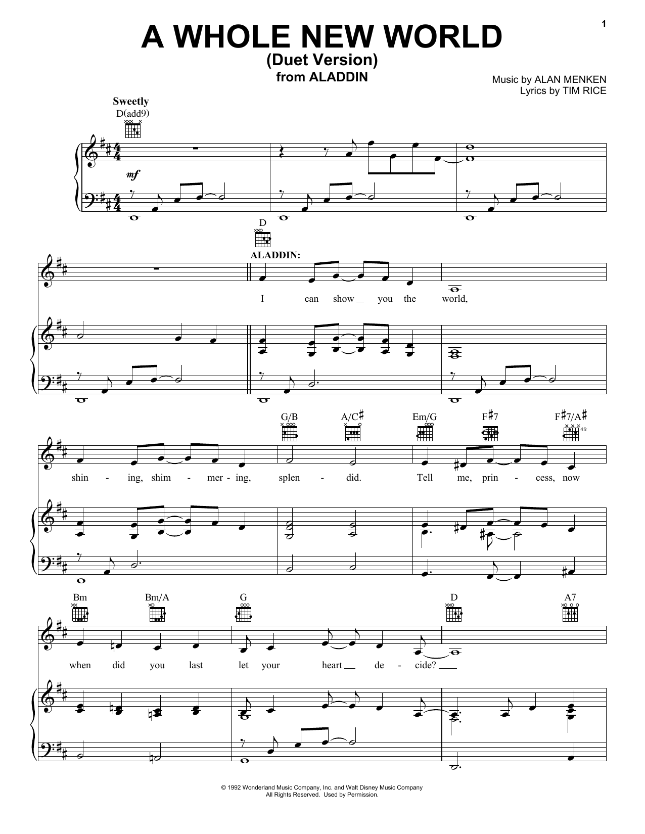 Alan Menken A Whole New World (Duet Version) (from Aladdin) sheet music notes and chords. Download Printable PDF.