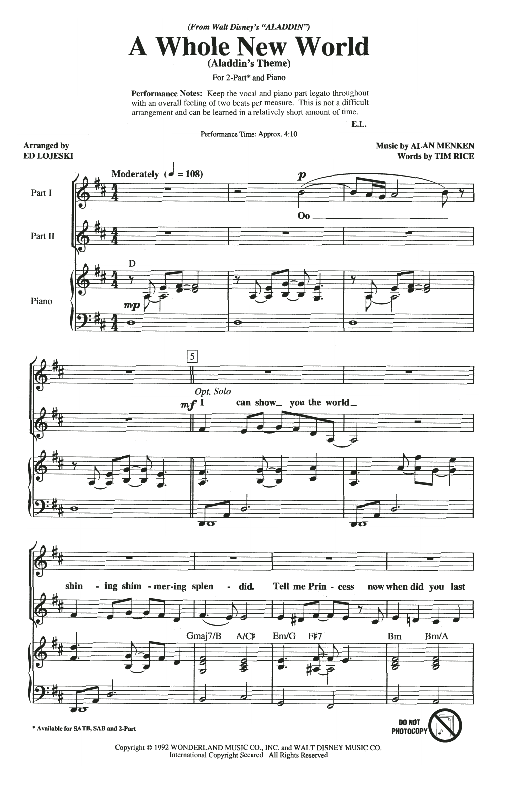 Alan Menken A Whole New World (Aladdin's Theme) (from Disney's Aladdin) (arr. Ed Lojeski) sheet music notes and chords. Download Printable PDF.