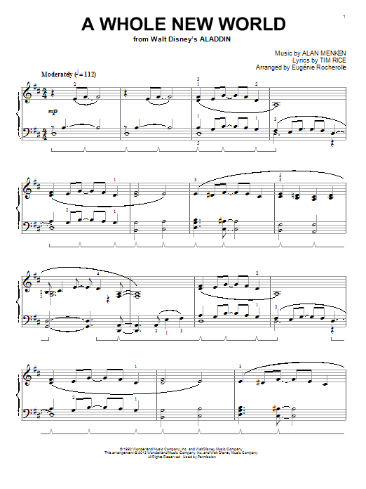 Alan Menken A Whole New World (from Aladdin) sheet music notes and chords arranged for Piano Solo