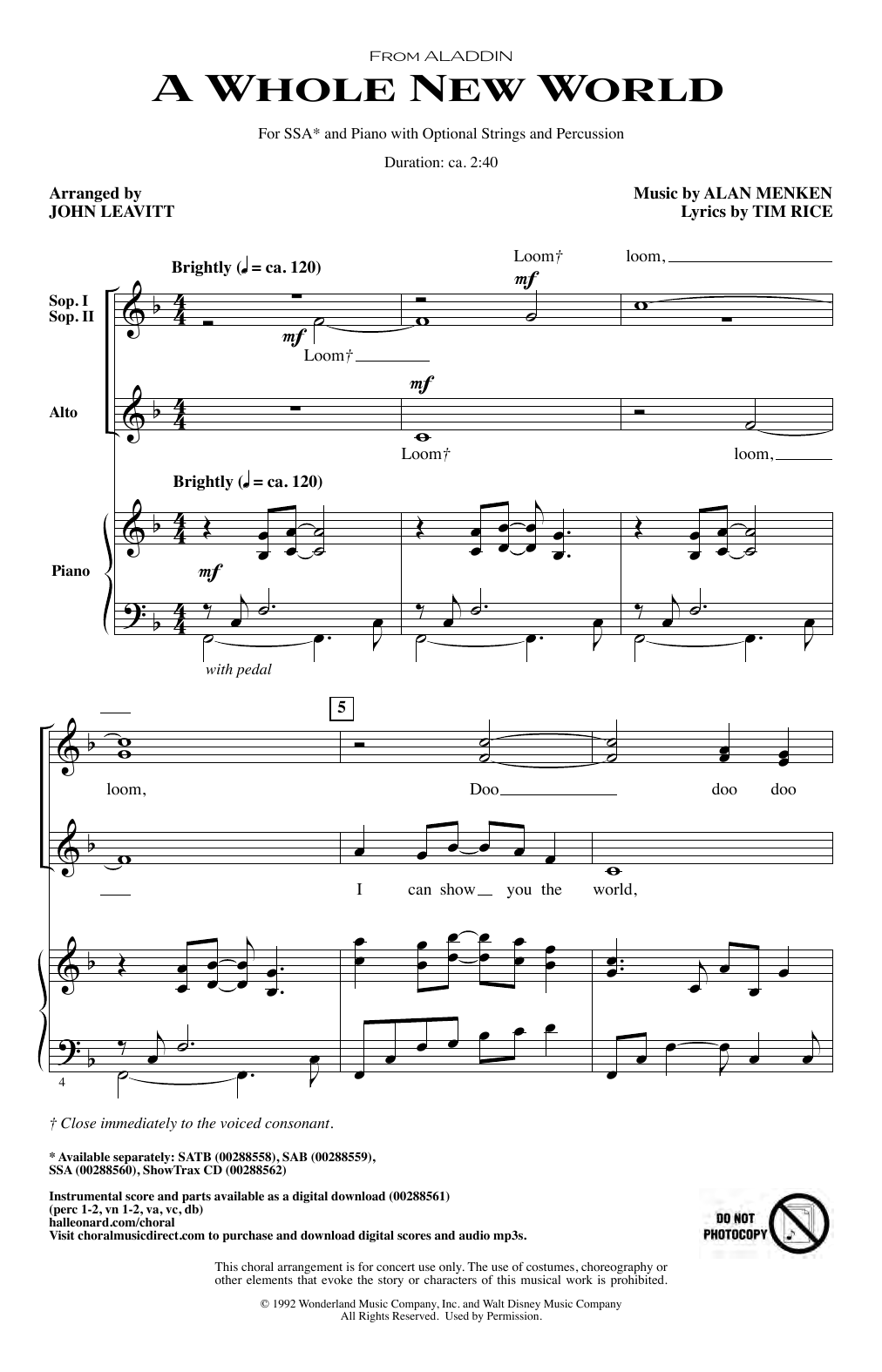 Alan Menken A Whole New World (from Aladdin) (arr. John Leavitt) sheet music notes and chords. Download Printable PDF.