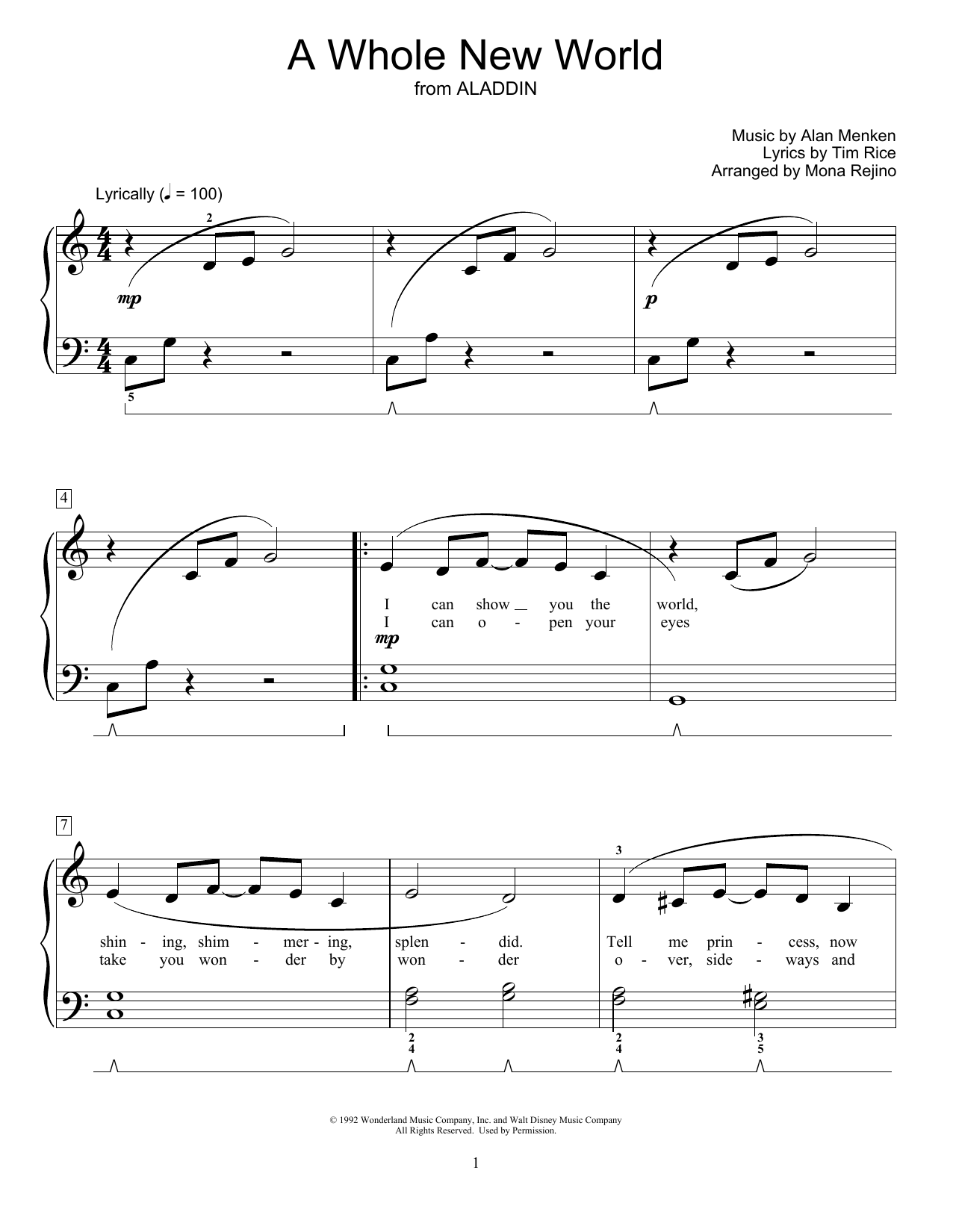 Alan Menken A Whole New World (from Aladdin) (arr. Mona Rejino) sheet music notes and chords arranged for Educational Piano