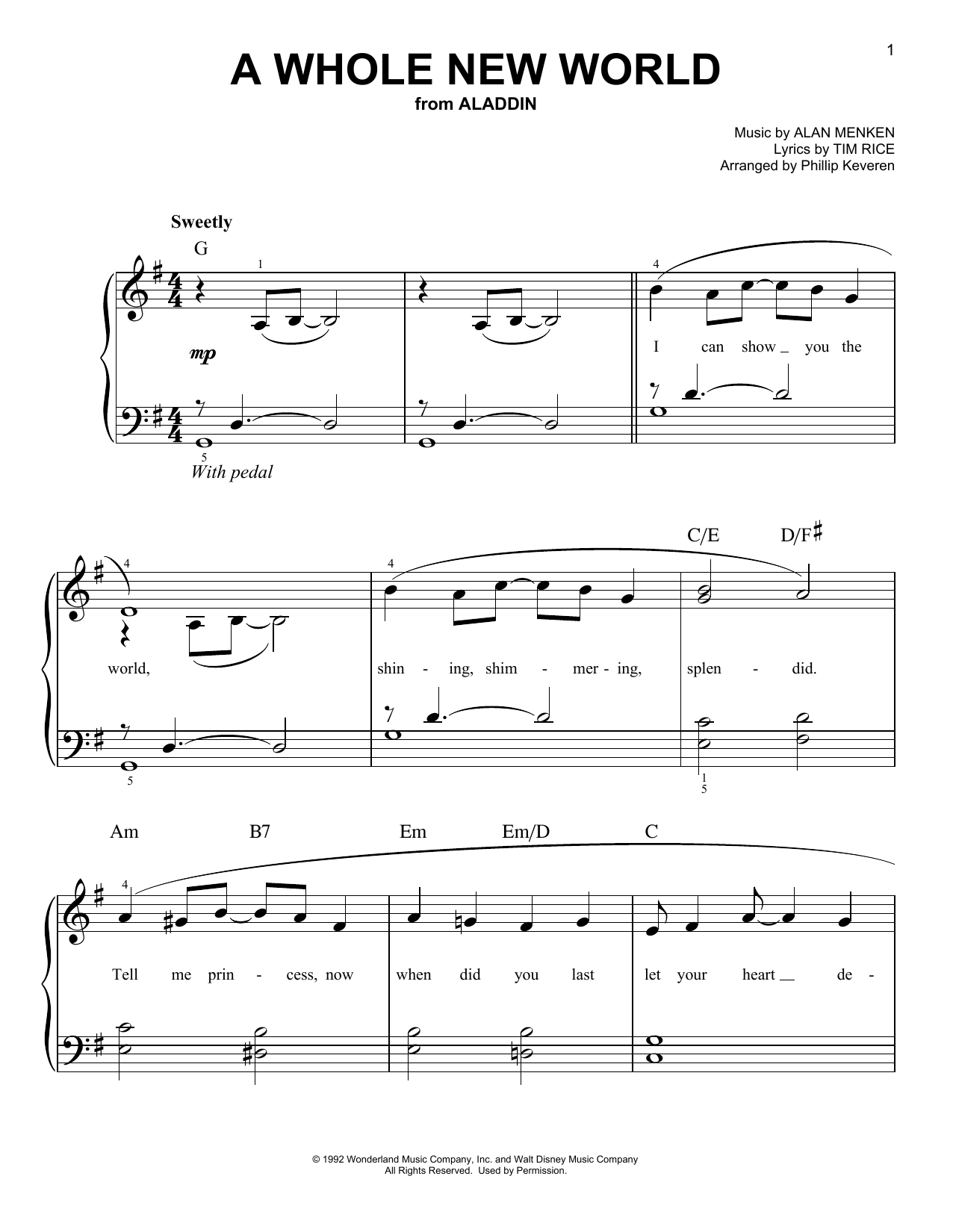 Alan Menken A Whole New World (from Aladdin) (arr. Phillip Keveren) sheet music notes and chords. Download Printable PDF.