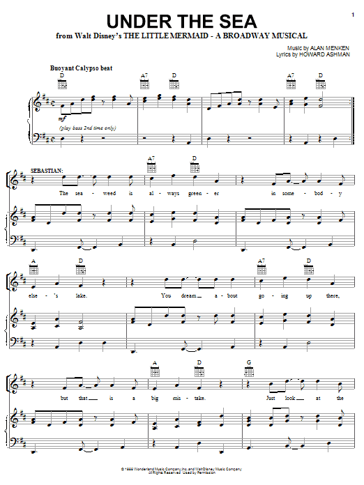 Learn to play Alan Menken Under The Sea (from The Little Mermaid) sheet music for Piano, Vocal & Guitar Chords (Right-Hand Melody) in minutes. Price: 7.8900$ Alan Menken Under The Sea (from The Little Mermaid) sheet music notes and chords arranged for Piano, Vocal & Guitar Chords (Right-Hand Melody)