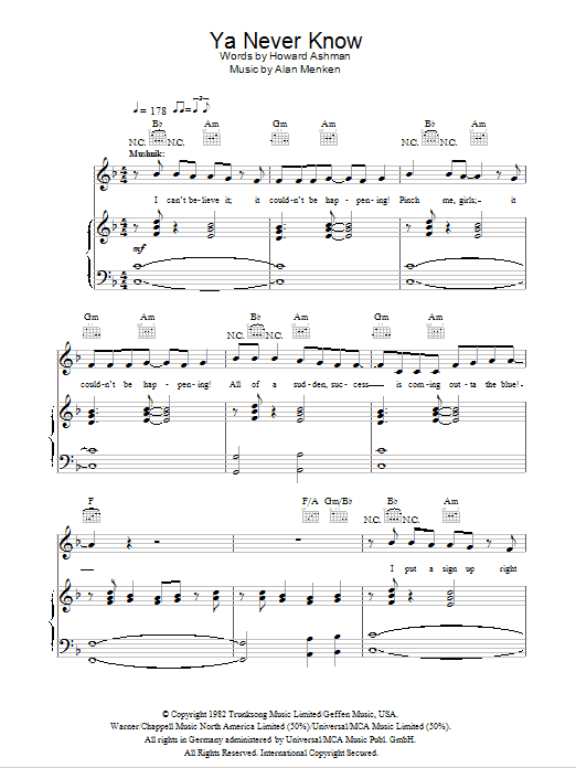 Learn to play Alan Menken Ya Never Know (from Little Shop Of Horrors) sheet music for Piano, Vocal & Guitar Chords in minutes. Price: 7.8900$ Alan Menken Ya Never Know (from Little Shop Of Horrors) sheet music notes and chords arranged for Piano, Vocal & Guitar Chords