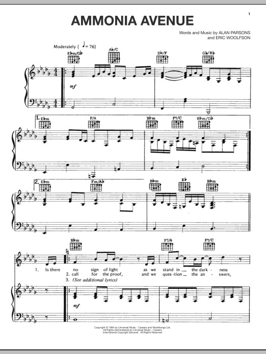 The Alan Parsons Project Ammonia Avenue sheet music notes and chords arranged for Piano, Vocal & Guitar Chords (Right-Hand Melody)