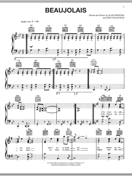 The Alan Parsons Project Beaujolais sheet music notes and chords arranged for Piano, Vocal & Guitar Chords (Right-Hand Melody)