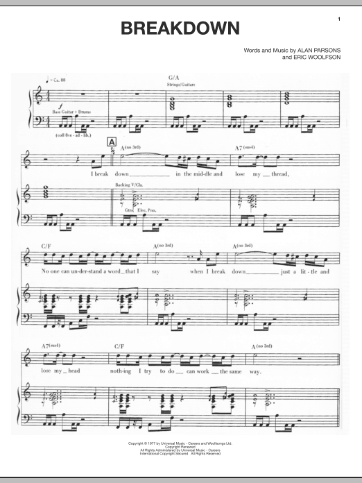 The Alan Parsons Project Breakdown sheet music notes and chords arranged for Piano, Vocal & Guitar Chords (Right-Hand Melody)