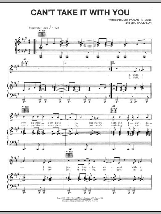 The Alan Parsons Project Can't Take It With You sheet music notes and chords arranged for Piano, Vocal & Guitar Chords (Right-Hand Melody)