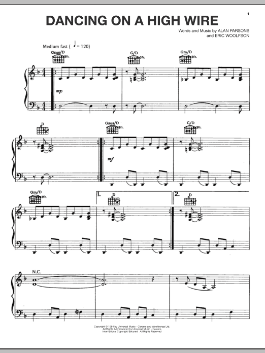 The Alan Parsons Project Dancing On A High Wire sheet music notes and chords arranged for Piano, Vocal & Guitar Chords (Right-Hand Melody)