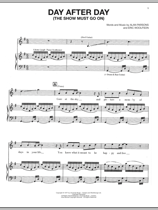 The Alan Parsons Project Day After Day (The Show Must Go On) sheet music notes and chords arranged for Piano, Vocal & Guitar Chords (Right-Hand Melody)