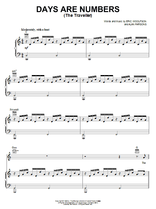 The Alan Parsons Project Days Are Numbers sheet music notes and chords arranged for Piano, Vocal & Guitar Chords (Right-Hand Melody)