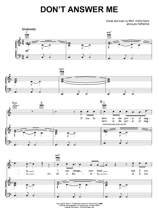 The Alan Parsons Project Don't Answer Me sheet music notes and chords. Download Printable PDF.