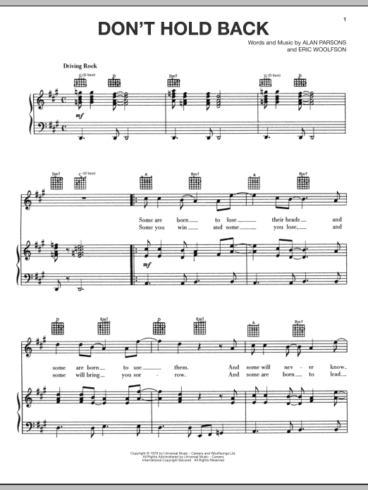 The Alan Parsons Project Don't Hold Back sheet music notes and chords arranged for Piano, Vocal & Guitar Chords (Right-Hand Melody)