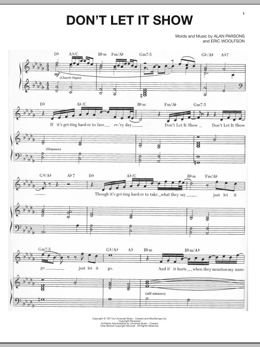 The Alan Parsons Project Don't Let It Show sheet music notes and chords arranged for Piano, Vocal & Guitar Chords (Right-Hand Melody)